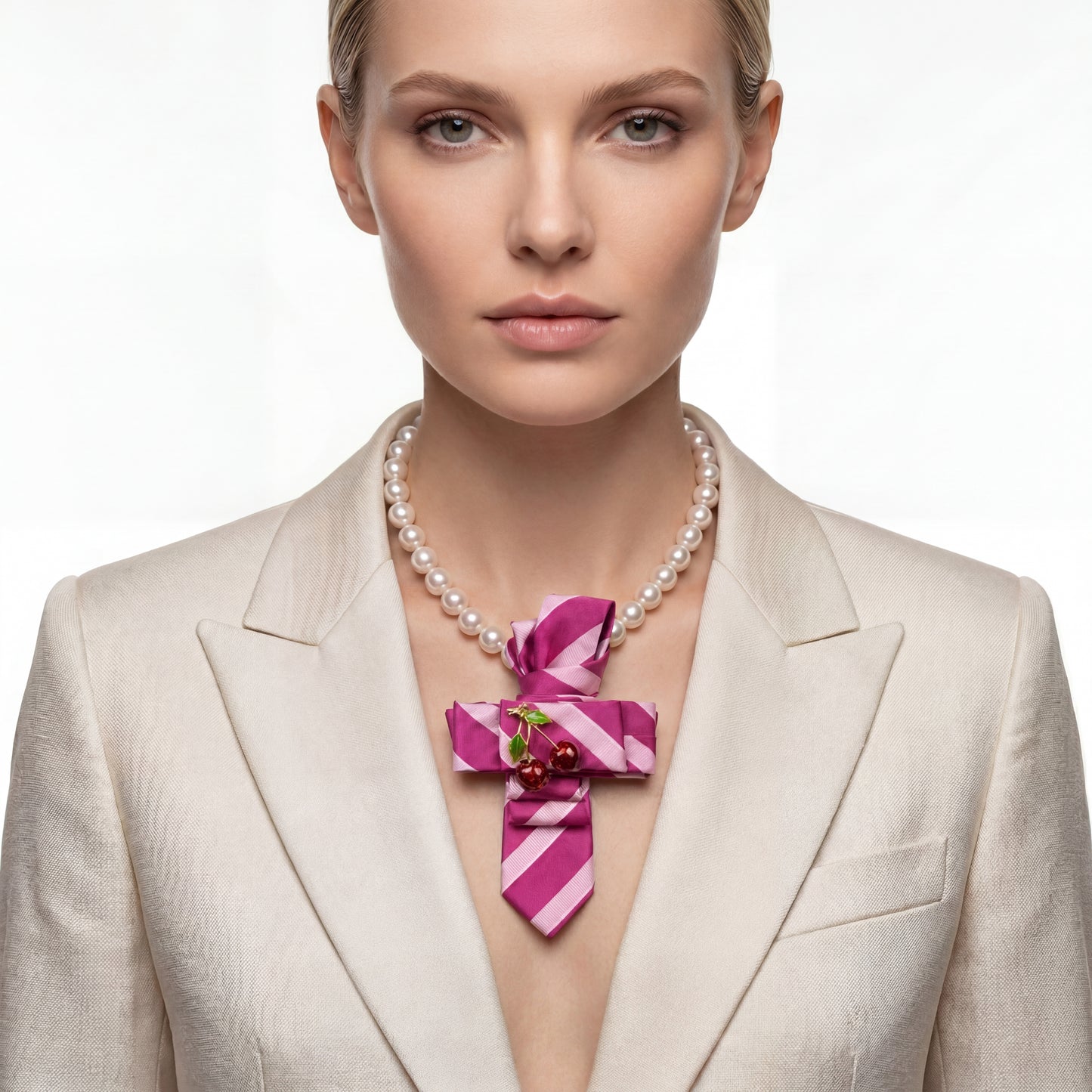 SUPÊR VÃLUE CHOICE #HCSEZ0007 Cherry Satin Statement Tie with Butterfly Brooch | Pearl Collar Embellished Tie | Elegant Women's Neck Tie Accessory