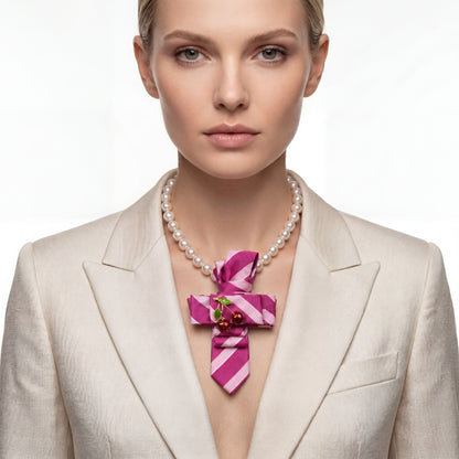 SUPÊR VÃLUE CHOICE #HCSEZ0007 Cherry Satin Statement Tie with Butterfly Brooch | Pearl Collar Embellished Tie | Elegant Women's Neck Tie Accessory