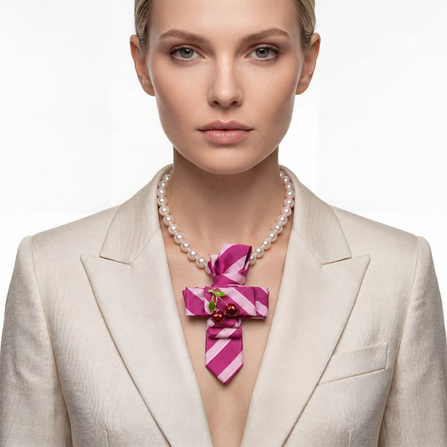 SUPÊR VÃLUE CHOICE #HCSEZ0007 Cherry Satin Statement Tie with Butterfly Brooch | Pearl Collar Embellished Tie | Elegant Women's Neck Tie Accessory