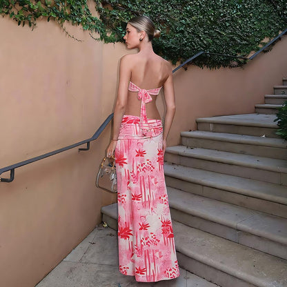 SVCD000043 Women's sexy pearl chain halter top and printed skirt set