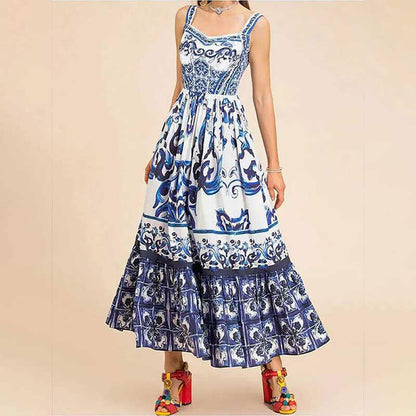 SVCD000007 Printed square collar halter dress with pleated, slimming and large swing in European and American style