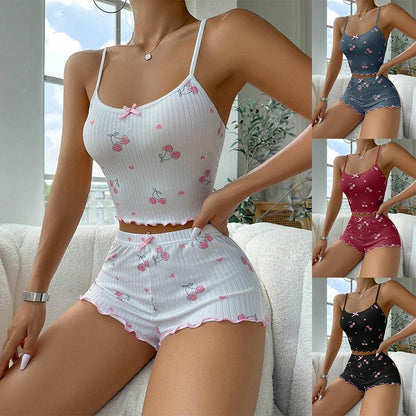 SVCP000091 Spaghetti-strap elastic shorts pajamas women's set jacquard printed women's home wear