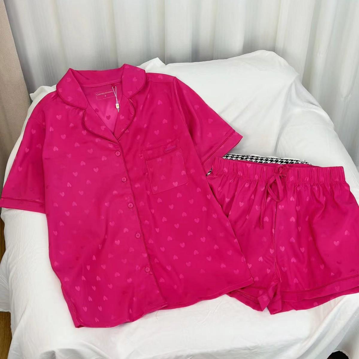 SVCP000127 Two-piece summer short-sleeved shirt and shorts home wear pajama set in rose red with small hearts