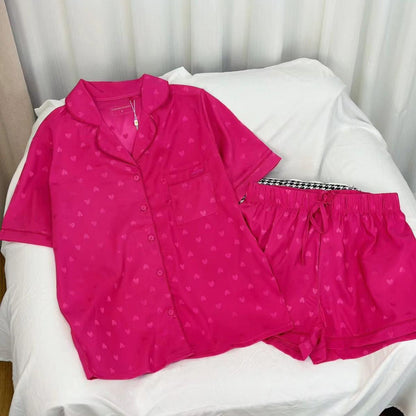 SVCP000127 Two-piece summer short-sleeved shirt and shorts home wear pajama set in rose red with small hearts