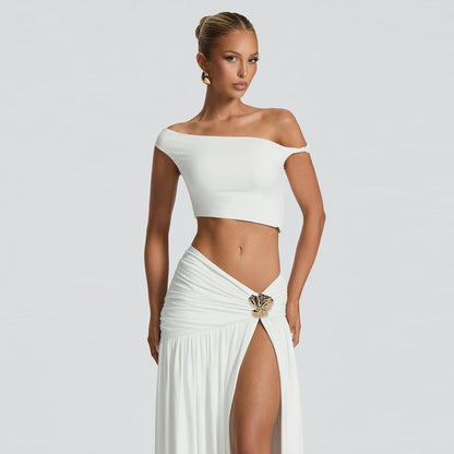 SVCM000047 Women's sexy off-the-shoulder crop top T-shirt, vest, slimming side slit skirt set