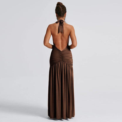 SVCD000032 Sexy V-neck halter dress with a slit pleated backless