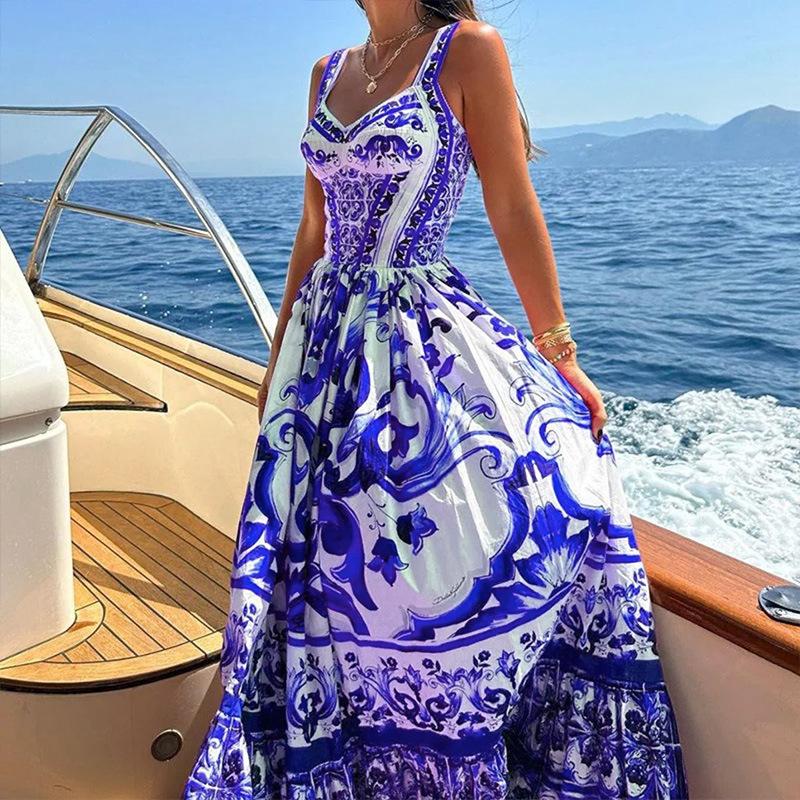 SVCD000007 Printed square collar halter dress with pleated, slimming and large swing in European and American style
