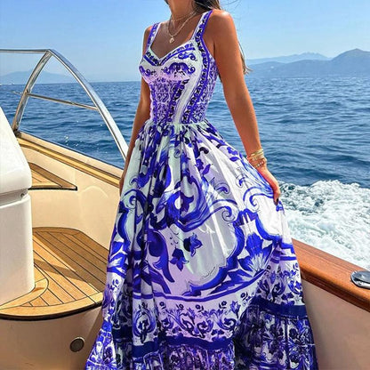 SVCD000007 Printed square collar halter dress with pleated, slimming and large swing in European and American style