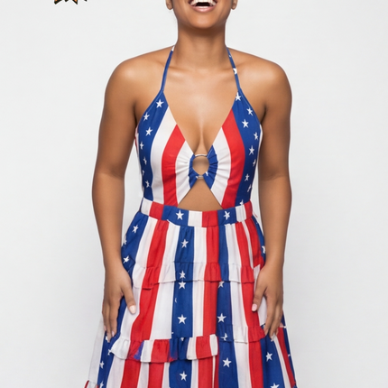 SVCD000128 Summer fashion hollowed-out strap V-neck style halter print dress