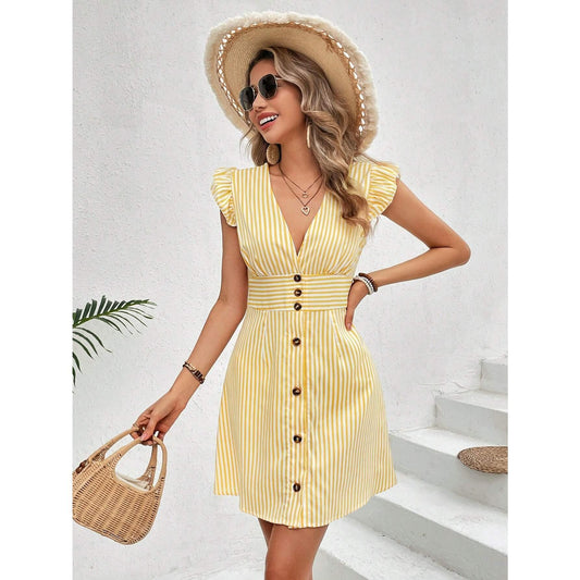 SVCD000019 women's elegant striped printed V-neck fly-sleeved dress