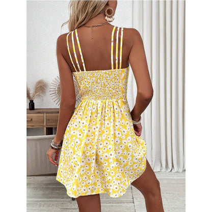 SVCD000021 Women's casual yellow floral printed halter dress