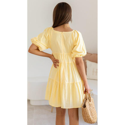 SVCD000018 Spring and summer solid-color casual V-neck, loose waist, puffed sleeves and large hem dress is short