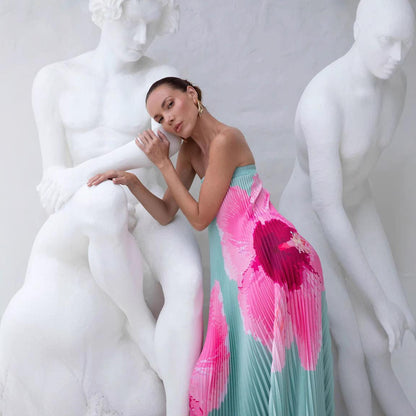 SVCD000009 Summer women's dress with pleated positioning print and a strapless big swing