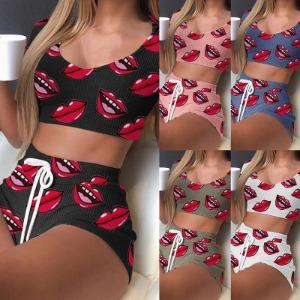 SVCP000121 Two-piece set of pajamas with printed round collars and passionate lips for home wear
