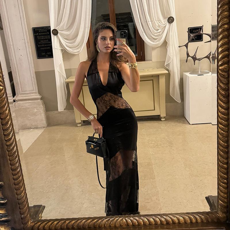 SVCD000003 Summer fashion V-neck, off-the-back, lace patchwork long dress for women's evening dress