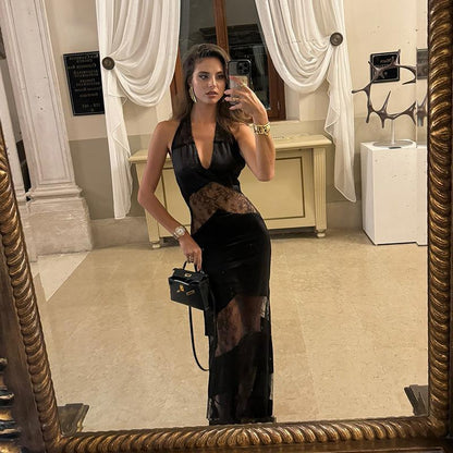 SVCD000003 Summer fashion V-neck, off-the-back, lace patchwork long dress for women's evening dress