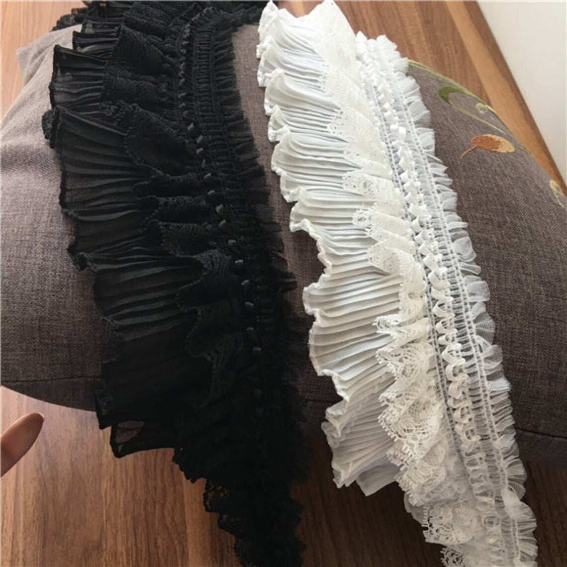 SuperValueChoice HCSEOA00004  Double Layer Ruffled Pleated Chiffon Lace Trim Elastic Frilly Ribbon for Dress DIY Sewing Hair Accessory Decor,3.54in width