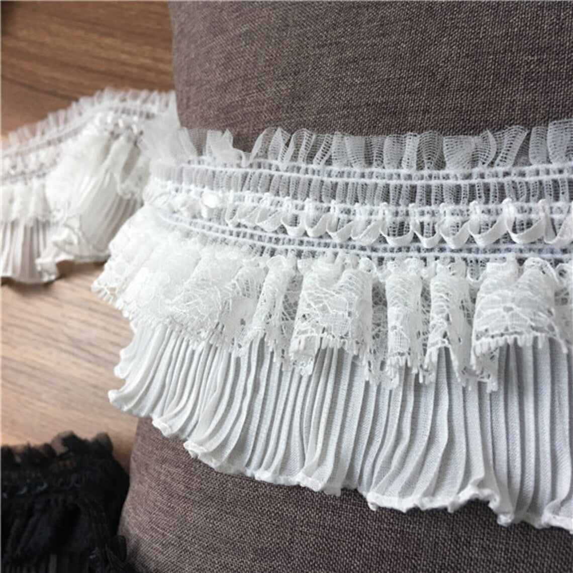 SuperValueChoice HCSEOA00004  Double Layer Ruffled Pleated Chiffon Lace Trim Elastic Frilly Ribbon for Dress DIY Sewing Hair Accessory Decor,3.54in width