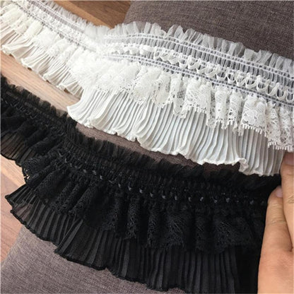 SuperValueChoice HCSEOA00004  Double Layer Ruffled Pleated Chiffon Lace Trim Elastic Frilly Ribbon for Dress DIY Sewing Hair Accessory Decor,3.54in width