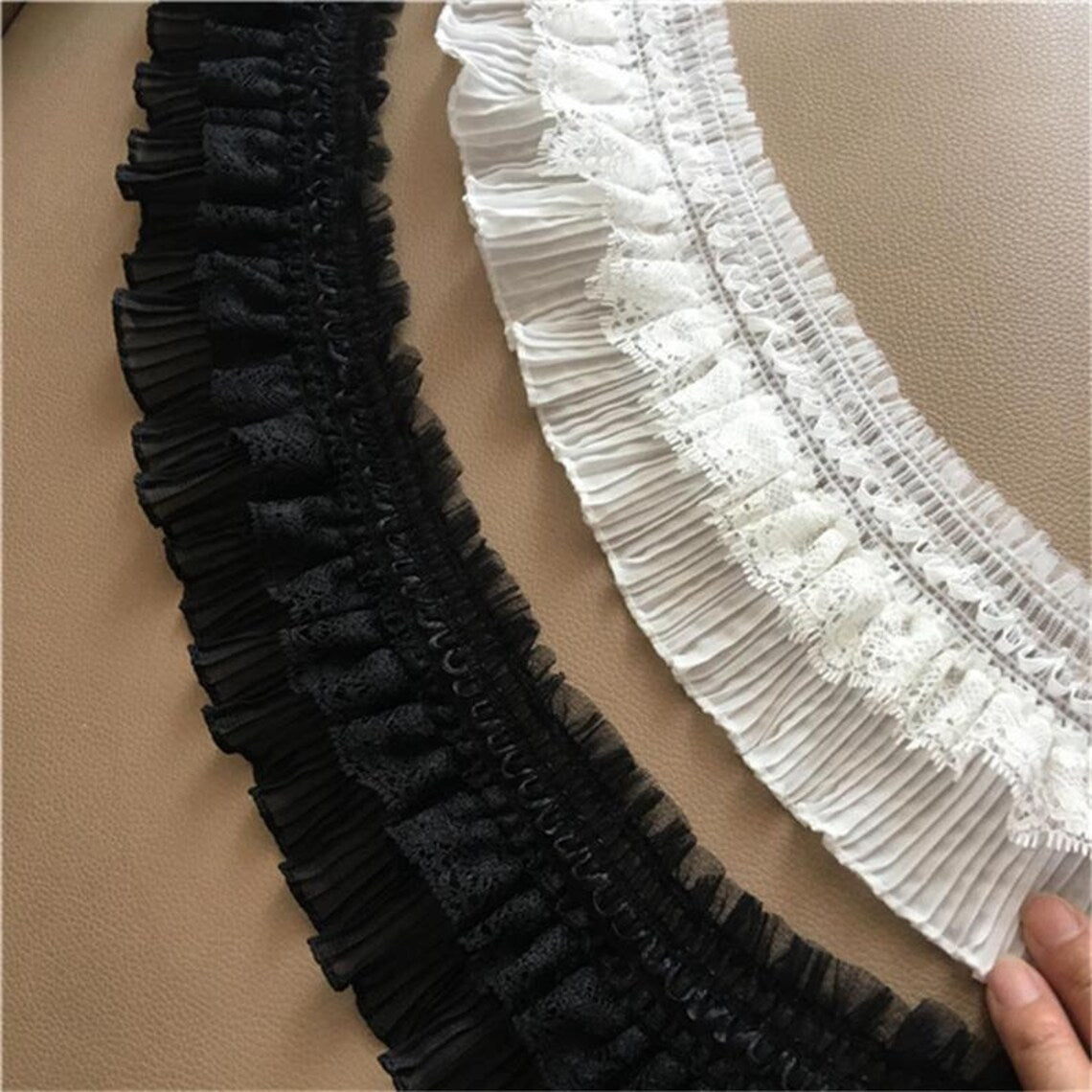 SuperValueChoice HCSEOA00004  Double Layer Ruffled Pleated Chiffon Lace Trim Elastic Frilly Ribbon for Dress DIY Sewing Hair Accessory Decor,3.54in width