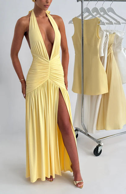 SUPERVALUECHOICE HCSEAA00016 Halter Neck Deep V Ruched Maxi Dress