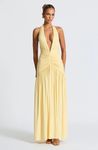 SUPERVALUECHOICE HCSEAA00016 Halter Neck Deep V Ruched Maxi Dress