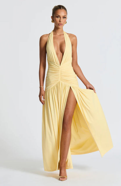 SUPERVALUECHOICE HCSEAA00016 Halter Neck Deep V Ruched Maxi Dress