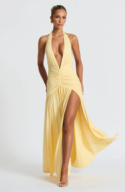 SUPERVALUECHOICE HCSEAA00016 Halter Neck Deep V Ruched Maxi Dress
