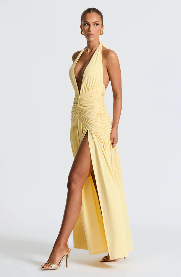 SUPERVALUECHOICE HCSEAA00016 Halter Neck Deep V Ruched Maxi Dress